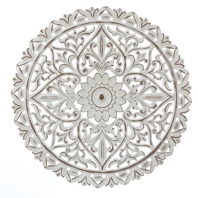 LuxenHome Distressed White Wood Flower Mandala 31.5" Round Wall Decor