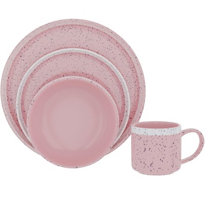 American Atelier 4-Piece Speckled Dinnerware Set, Dinner Plate, Side Plate, Bowl, and Mug, Place Setting for 1, Microwave and Dishwasher Safe, Pink
