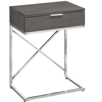 Vynxaria Contemporary Modern Accent Table Grey Laminate (Wood-Grain), Chrome Metal X-Frame, Storage Drawer