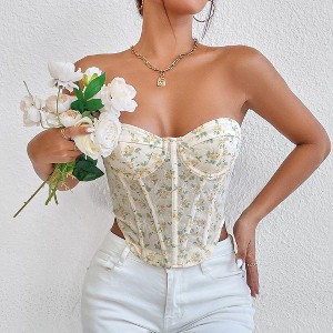 Women's Sheer Mesh Corset Top Underwire Bustier Sexy Bralette with Boning for Club Party Night Out apricot S - 1 of 4