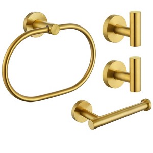 Itopfox 4 Piece Bathroom Hardware Set Brushed Gold SUS304 Stainless Steel Fixtures Kit 2 Towel Hooks Toilet Paper Holder Rotary Towel Ring - 1 of 4