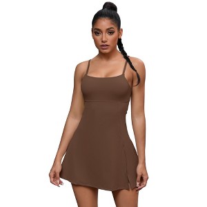INSPIRE CHIC Women's Spaghetti Strap with Built-in Bra and Shorts Workout Side Slit Square Neck Full Slips - 1 of 4