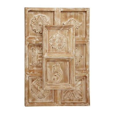 32" x 48" Large Rectangular Natural Wood Wall Decor with Carved Framed Flowers and Whitewash Finish - Olivia & May