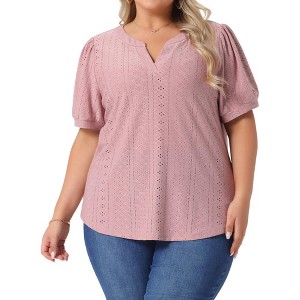 Agnes Orinda Women's Plus Size Summer Eyelet V Neck Short Sleeve Blouse - 1 of 4