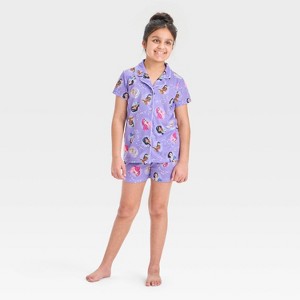Girls' Disney Princess Button-Up Pajama Set - Purple - 1 of 4