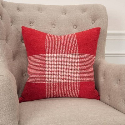 20" Red and White Woven Plaid Square Throw Pillow