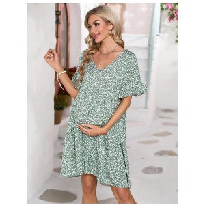 Women's Maternity Casual Dress  Flowy Floral Print, Ruffle leeves - 1 of 4