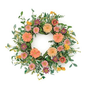 HomeRoots 26" Green Orange And Pink Daisy Artificial Wreath - 1 of 4