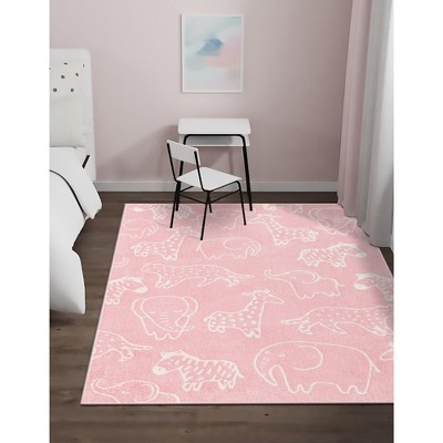 Pink and Ivory Safari Animals Kids Rectangular Rug