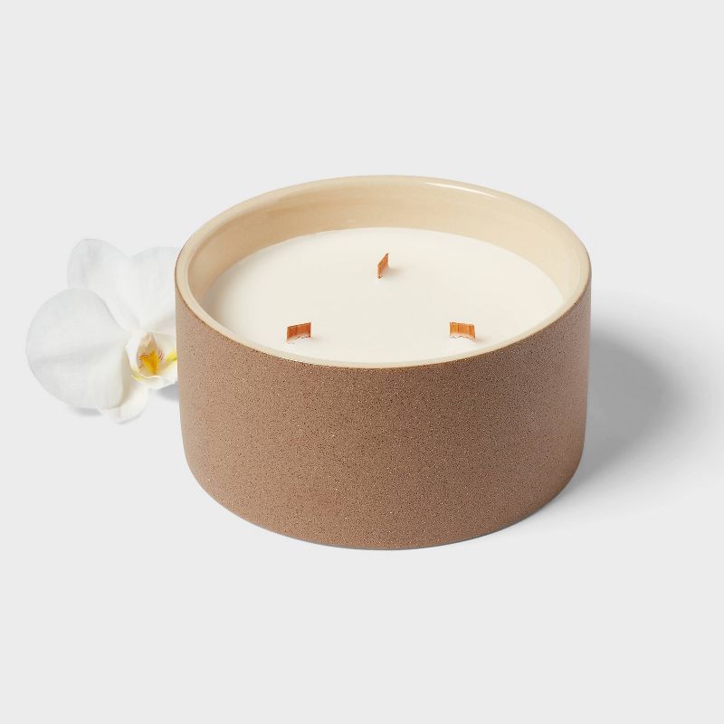 3 Wick 14oz Matte Textured Ceramic Wooden Wick Candle Brown / Coconut Water and Orchid &#8211; Threshold&#8482;, 4 of 5