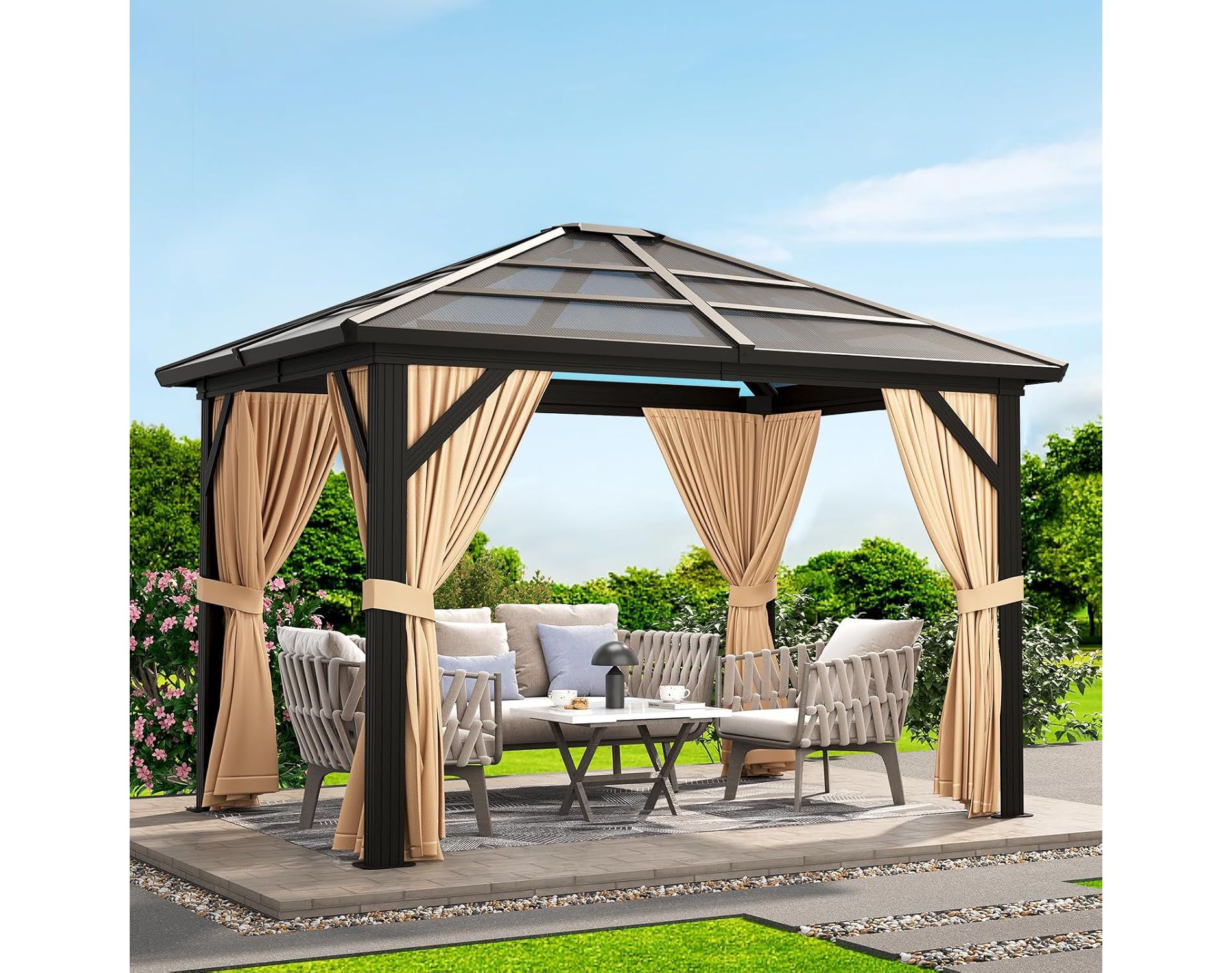 10x10 FT Hardtop Gazebo for Patio, Outdoor Polycarbonate Canopy with Aluminum Frame, Netting & Curtains, Permanent Garden Pavilion for Deck, Lawn