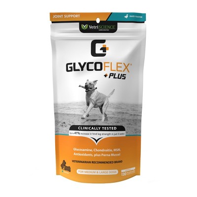 VetriScience Glycoflex Plus Maximum Strength Hip & Joint Supplement for Dogs with Glucosamine Chondroitin and MSM, Duck Flavor, 120 Chews