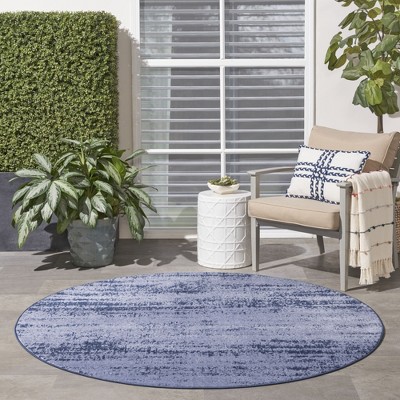 Denim Blue Round Abstract Outdoor Rug 4 ft