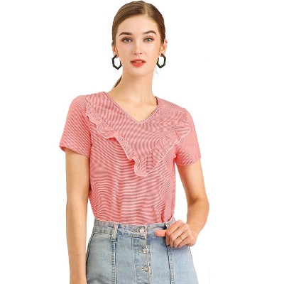 Allegra K Women's Ruffle V Neck Casual Striped Short Sleeve Tops
