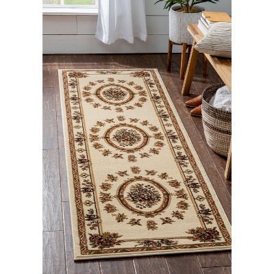 Ivory and Beige Synthetic Floral Medallion Runner Rug