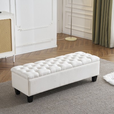 CAVINAS 51.57" Button-Tufted Storage Ottoman Bench,Diamond Stitched Footstool with Soft-Close Lid,Storage Bench for Living Room,Bedroom,White