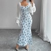 Womens Long Sleeve Floral Dress Sweetheart Neck Ruffle Maxi Dress with Mesh Poet Sleeve Vitage Prairie Dress Ruched Bustier Dress - 4 of 4