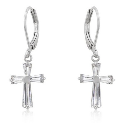 ShineHigh Cubic Zirconia Cross Drop Earrings – Classic Leverback Dangle Design in Goldtone or Rhodium Finish with Emerald Cut CZ Stones
