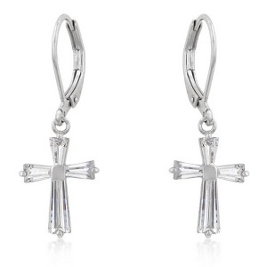 ShineHigh Cubic Zirconia Cross Drop Earrings – Classic Leverback Dangle Design in Goldtone or Rhodium Finish with Emerald Cut CZ Stones - 1 of 1