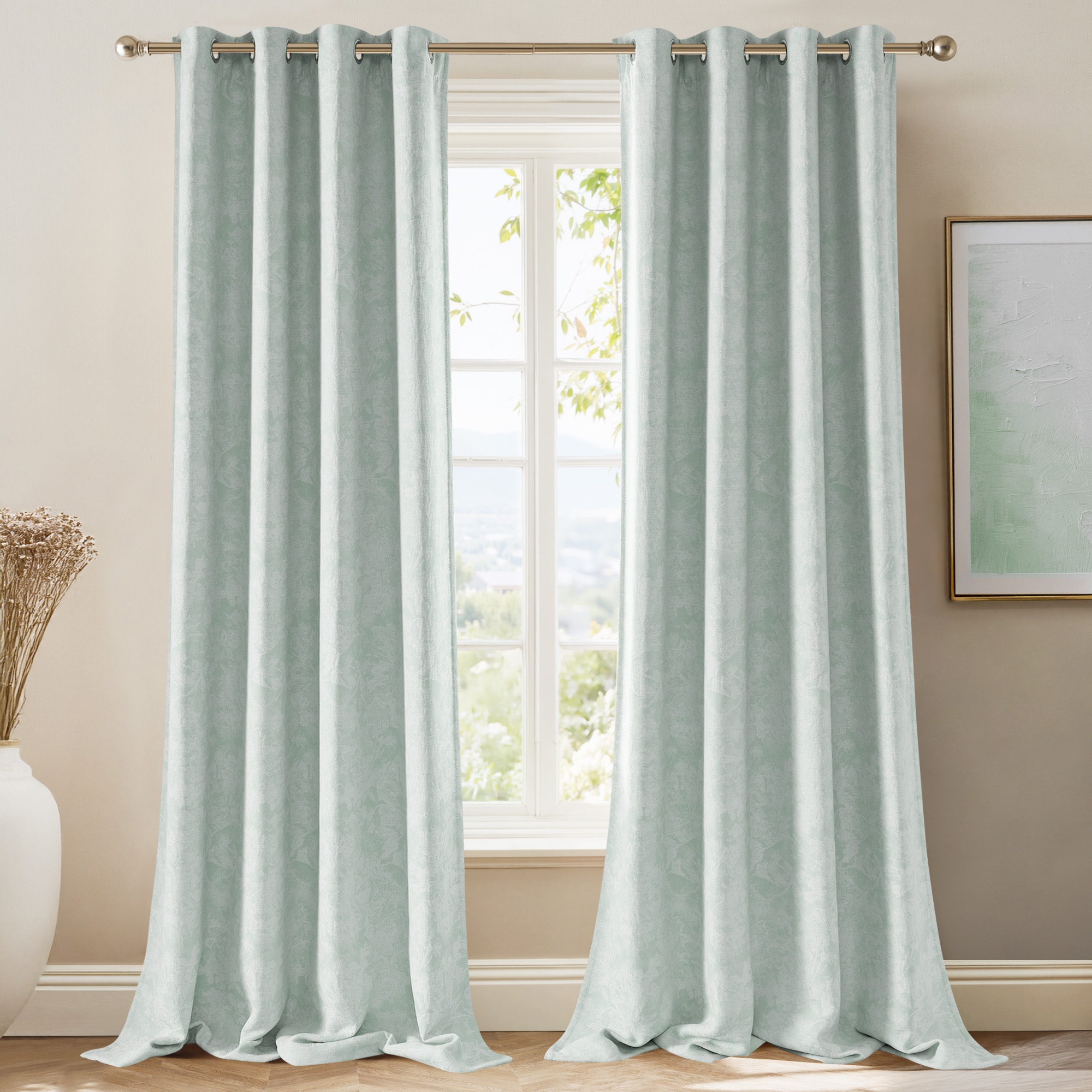 NICETOWN Floral Jacquard Blackout Curtains for Bedroom Living Room Noise Reducing Thermal Insulated Grommet Window Drapes, 52" x 84", Green