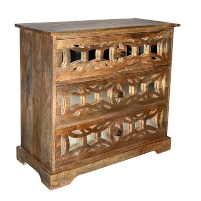 3 Drawer Mango Wood Console Storage Cabinet with Lattice Design Mirror Front Brown - The Urban Port