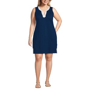 Lands' End Women's Cotton Jersey Notch Neck Dress with Soutache - 1 of 4