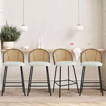 Jules Set of 4 Mesh Rattan Backrest Counter Stools with Back, Armless Upholstered Bouclé Fabric And Black Metal Base-Maison Boucle