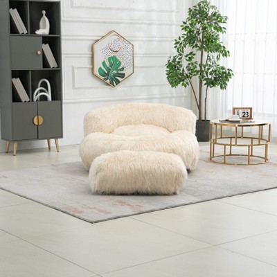 CAVINAS Faux Fur Bean Bag Chair with Ottoman,Lazy Floor Sofa Chair with High Resilience Memory Foam,Cozy Lounge Chair for Living Room