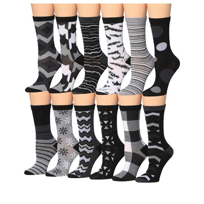 Tipi Toe Women's 12 Pairs Lightweight Dark Colors White and Grey Striped Geometric Patterned Crew Socks