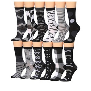 Tipi Toe Women's 12 Pairs Lightweight Dark Colors White and Grey Striped Geometric Patterned Crew Socks - 1 of 4