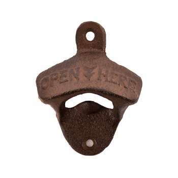 Foster & Rye Wall Mounted Bottle Opener with Open Here Slogan and Distressed Finish - Iron Bottle Opener, Brown, Set of 1