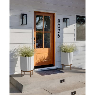 White Fluted Concrete-Composite Planter with Acacia Wood Stand
