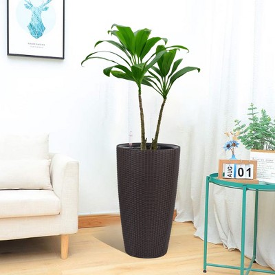 Grungis Planters with Automatic Watering for Outdoor Plants,Faux Rattan Tall Planters with Water Level Monitor Inner Bucket,2PCS