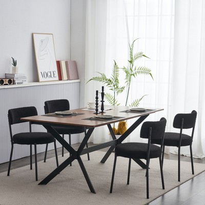 Set of 4 Mid-Century Modern Dining Chairs, Teddy Fabric Upholstered,  Curved Back , Metal Frame