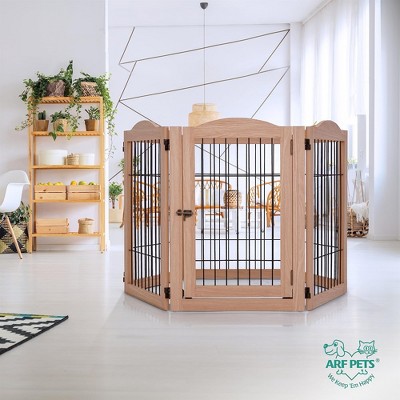 Walnut 6-Panel Freestanding Pet Gate with Door