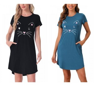 INSPIRE CHIC Women's 2 Pcs Cats Printing Pajamas Cute Printed Sleep Dress Short Sleeve Nightgowns - 1 of 4