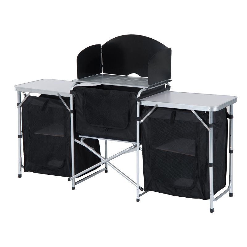 Outsunny Aluminum Portable Camping Kitchen Fold-Up Cooking Table With Windscreen and 3 Enclosed Cupboards for BBQ, Party, Picnics, Backyards, 1 of 9