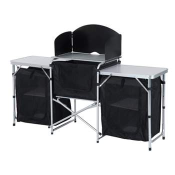 Outsunny Aluminum Portable Camping Kitchen Fold-Up Cooking Table With Windscreen and 3 Enclosed Cupboards for BBQ, Party, Picnics, Backyards