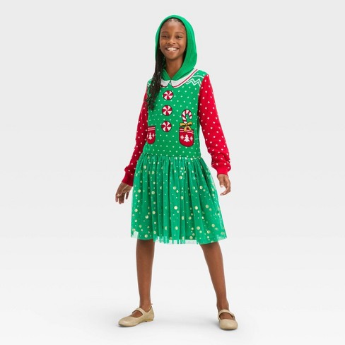 Girls' Christmas Elf Sweater Dress - Green XS