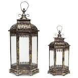 Melrose Set of 2 Antique Style Pewter Gray Decorative Glass Pillar Candle Lanterns 34"