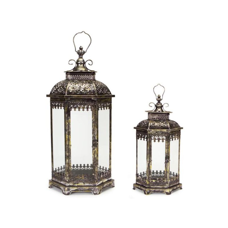 Melrose Set of 2 Antique Style Pewter Gray Decorative Glass Pillar Candle Lanterns 34", 1 of 2