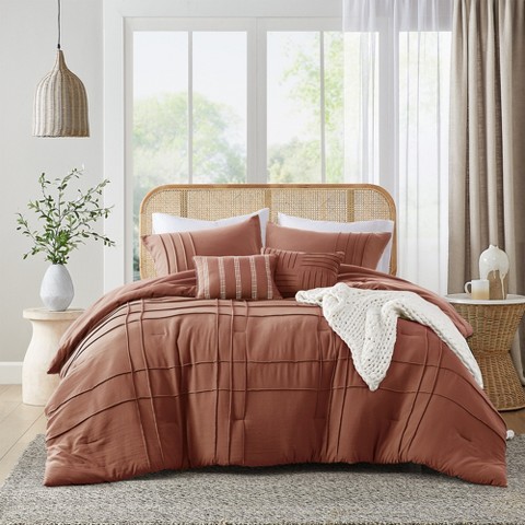 Regency Heights 5 Pcs Solid Color Pinch Pleated Comforter Sets, Premium Touch Lightweight Bedding Set with Matching Shams and Decorative Pillows, Clay, Queen