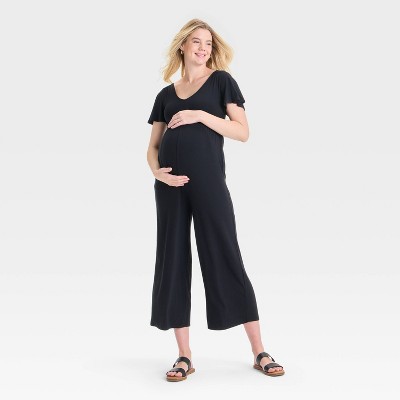 Flutter Short Sleeve Maternity Jumpsuit - Isabel Maternity by Ingrid & Isabel™ Black S: V Neck, Knit, Side Pocket, Pull-On