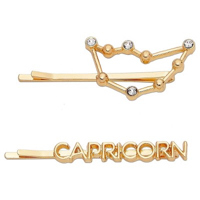 Zodaca 2 Pack Capricorn Zodiac Hair Pins, Rhinestone Barrettes, Decorative Hair Clips, Cute Hair Accessories for Women Girls (Gold)