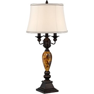 Kathy Ireland Mulholland Traditional Table Lamp 37" Tall Bronze Golden Marbleized with USB Dimmer Cord White Bell Shade for Bedroom Living Room Office - 1 of 4