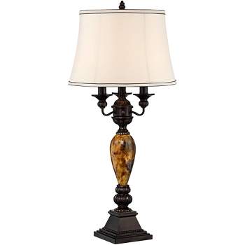Kathy Ireland Mulholland Traditional Table Lamp 37" Tall Bronze Golden Marbleized with USB Dimmer Cord White Bell Shade for Bedroom Living Room Office