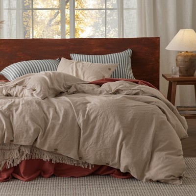 3 Pieces Linen Soft & Cozy Duvet Cover Linen Cotton Blend Bedding Set Tropical Plants Beige Color Cooling Bedding