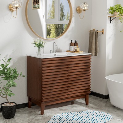 ROOMTEC 24 in. Bathroom Vanity with Ceramic Sink, Mid-Century Cabinet with 2 Soft-Close Doors, Freestanding, Wood Grain Laminate, Walnut