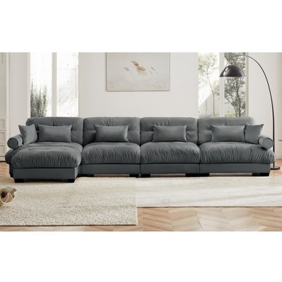 Aukfa Grey Velvet Large Sofa with Bolster Armrests, Waist & Throw Pillows – Modern Couch for Living Room, Bedroom or Office