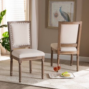 Set of 2 Louane Fabric Upholstered and Wood Dining Chairs Beige/Brown - Baxton Studio: Antique-Inspired, Nailhead Trim, Turned Legs - 1 of 4